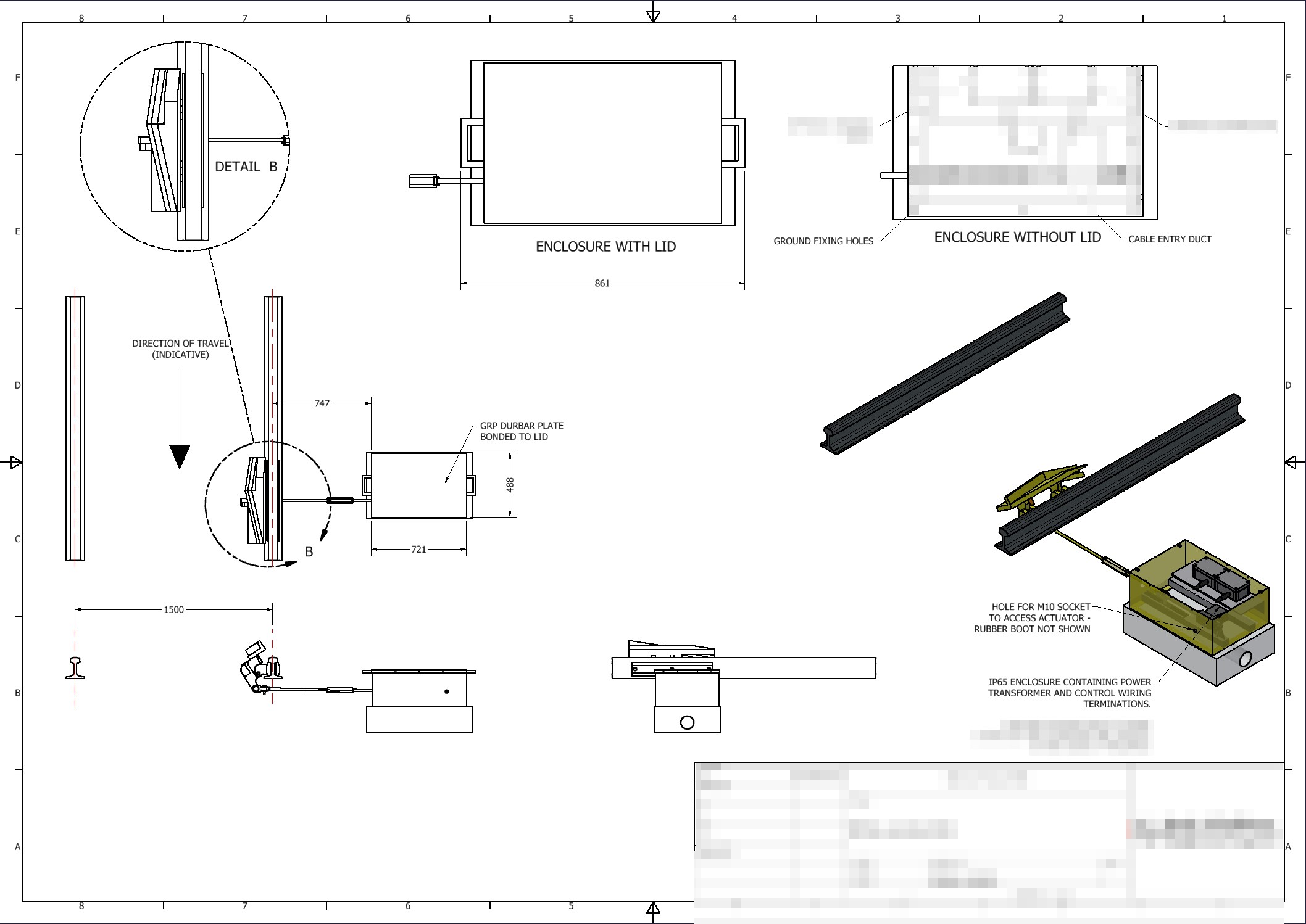 Technical assembly drawing of the train derailer system with plan, elevation, detail and three-dimensional views
