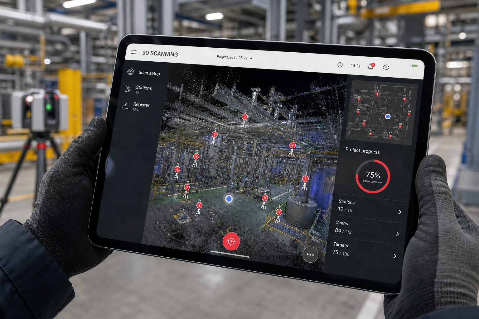 Engineer reviewing an anonymised industrial 3D point cloud and scan coverage on a tablet