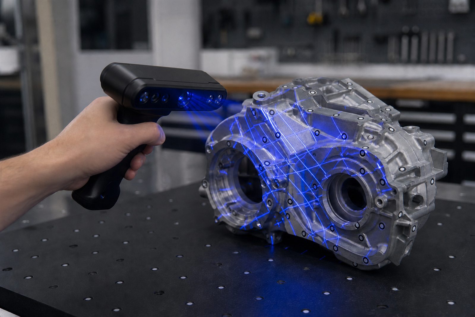 Handheld blue-light 3D scanner capturing a marker-covered engineering component
