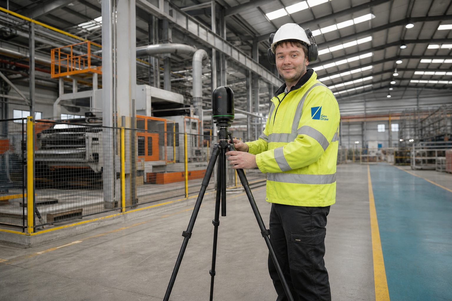 Craig from Gendraw carrying out a tripod-mounted 3D scan in an industrial factory while wearing full PPE